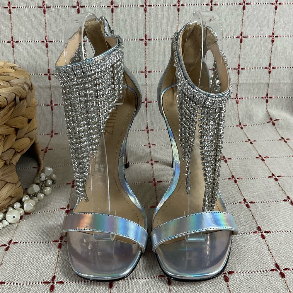 SCHUTZ “Lory” Iridescent Silver Leather Crystal Fringe Ankle Strappy Heels 6.5 - Picture 3 of 12